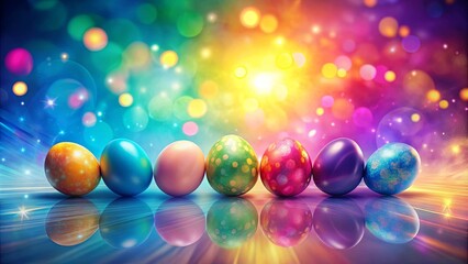 Colorful Easter eggs aligned on a reflective surface with a bokeh background