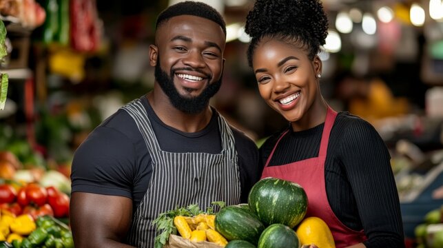Market Fresh Smiles: A vibrant portrait of a happy couple, beaming with pride as they hold fresh produce at their local market.