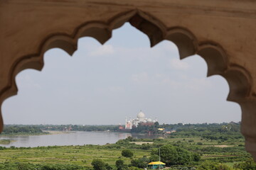 view of the Taj Mahal from Red fort of Agra, India