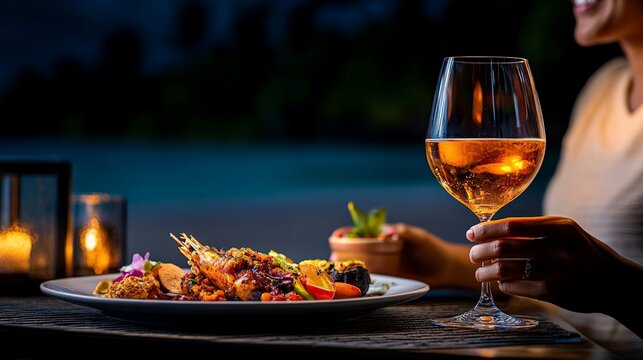 Romantic Evening by the Pool: A woman's hand delicately holds a glass of rose wine, set against the backdrop of a delectable seafood platter and flickering candlelight. The scene evokes a sense of tra - Powered by Adobe