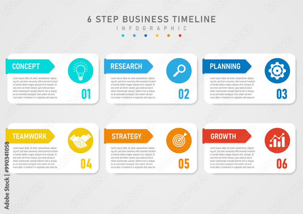 Poster 6 steps business infographic template white square letters on the left numbers on the right square t
