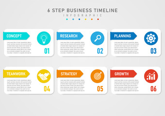 6 steps business infographic template white square letters on the left numbers on the right square top left acute angle multi colored with text in the middle The circle on the right has an icon.