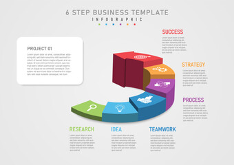 3D Infographic Template 6 Step Business Plan Multicolored Curved Arrows Divided Into Different Levels At the top there is a white icon with text around the outside. The left square has letters.