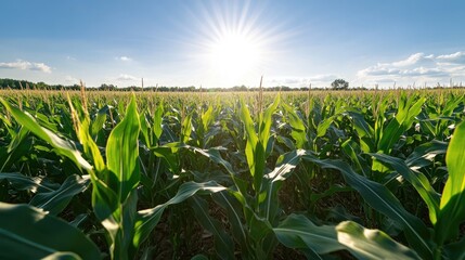 large field of corn stretching into the horizon, the tall stalks swaying gently in the breeze under a bright blue sky