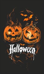 Halloween holiday background with Halloween text and spooky glowing Jack o'lantern pumpkins decoration.