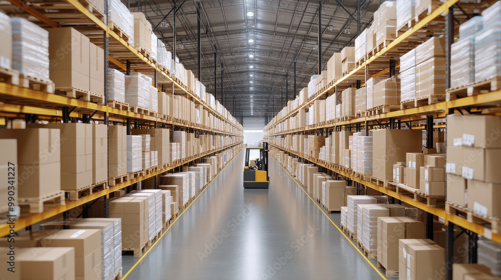 Poster a large warehouse features rows of neatly stacked packages, showcasing an organized storage space. a