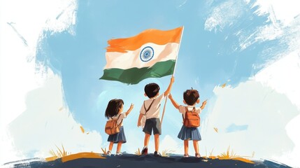 Obraz premium Happy Indian Children Holding National Flag