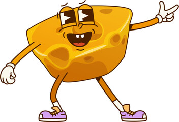 Funny groovy cheese character pointing with a happy expression. Isolated cartoon vector yellow piece of cheese, dairy food personage wearing sneakers, conveys fun and energy with retro hippie vibes