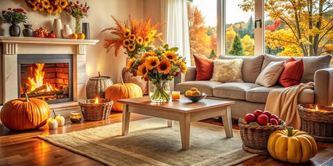 Obraz premium A Cozy Living Room Decorated with Fall Accents and a Warm Fireplace