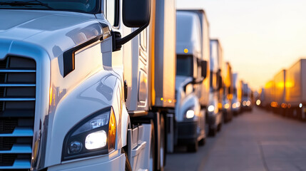 Efficient semi truck fleet lined up at logistics hub during sunset, showcasing importance of transportation in supply chain management