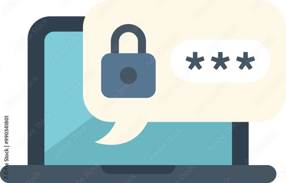 Poster laptop displaying a notification with a lock icon and asterisks, representing password protection