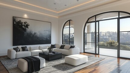 Ultra luxury living room, large and luxurious wall art frame on the wall, crisp white walls, tasteful black and white accent color scheme.