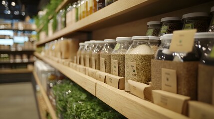 Obraz premium 284. Sustainable packaging for a beverage product made from biodegradable materials displayed in a store