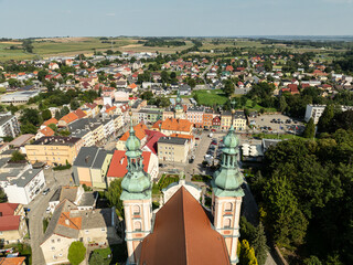 Aerial drone view of castle and Church in Otmochow a town in Nysa County, Opole Voivodeship,...