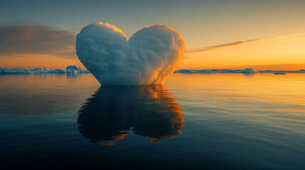 transparent heart-shaped iceberg floats serenely on a calm sea, symbolizing purity, fragility, and love's endurance in a cold, vast world. The clear sky reflects on the water, amplifying tranquility