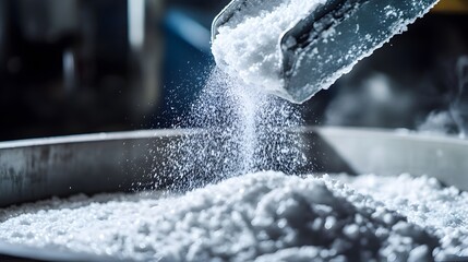 Close up View of Lithium Carbonate Powder Being Processed for Energy Materials Production