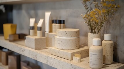 296. Sustainable packaging design for a beauty product made from biodegradable materials displayed on a shelf
