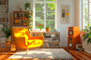 Cozy living room with retro decor, featuring wooden furniture, books, and plants. Concept of interior design inspiration