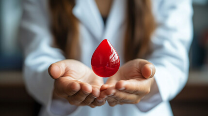 woman in a white coat holds a 3D red blood droplet, symbolizing healthcare, medical donation, and the significance of blood in life-saving treatments. Ideal for promoting health awareness