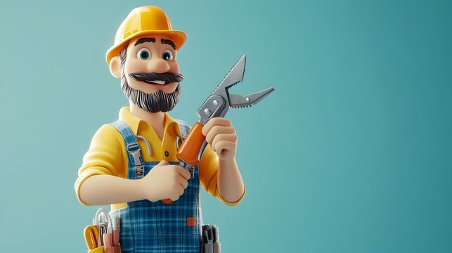 Skilled Bearded Construction Worker in Uniform Holding Various Repair Tools