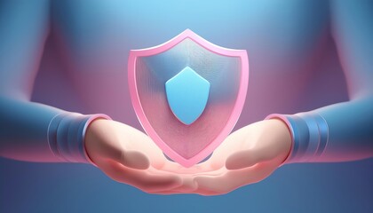 A digital shield is held in hands, symbolizing protection, cybersecurity, and data security in a modern, tech-inspired design.