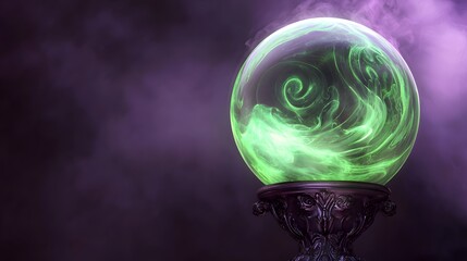 A giant crystal ball resting on an ornate stand, with swirling mist inside