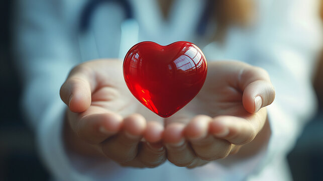 woman in a white coat holds a 3D red blood droplet, symbolizing healthcare, medical donation, and the significance of blood in life-saving treatments. Ideal for promoting health awareness