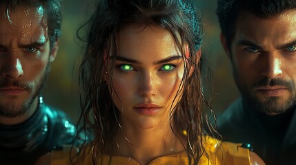 Obraz premium Three characters with glowing eyes in a dramatic, rain-soaked setting