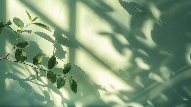Minimalist shadow of a window on the wall, green background, minimalism, blurred, soft light, pastel colors, shadows from plants.