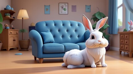 a rabbit is standing in front of a blue couch.