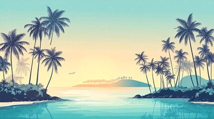 A scenic vista of a tropical island with a calm ocean, palm trees, and a sunset sky.