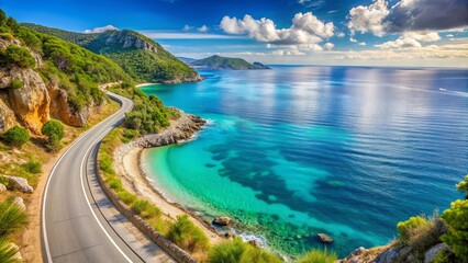 Fototapeta premium A winding road snakes through a lush landscape, revealing a breathtaking vista of turquoise waters stretching towards a horizon kissed by a vibrant blue sky.