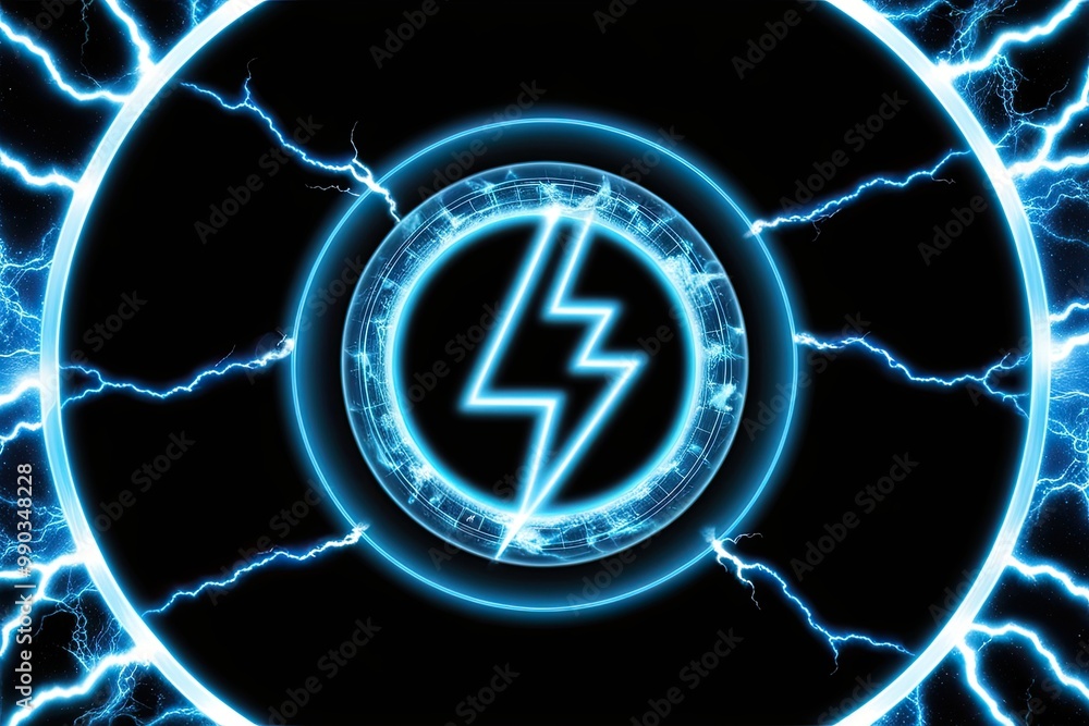Poster glowing electric blue hologram with plasma portal layer and lightning round frame on black backgroun