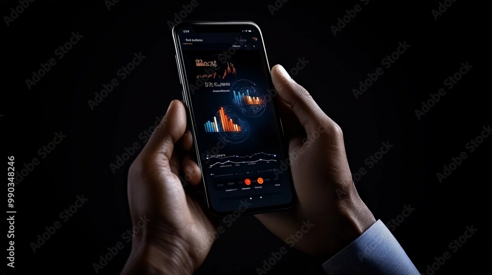 Poster analyzing market trends: hands hold a smartphone displaying dynamic financial charts and data, symbo
