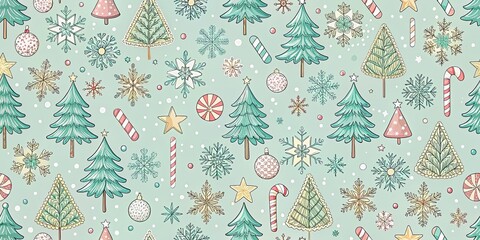 Festive Seamless Pattern with Christmas Trees, Ornaments, Snowflakes, Stars, and Candy Canes