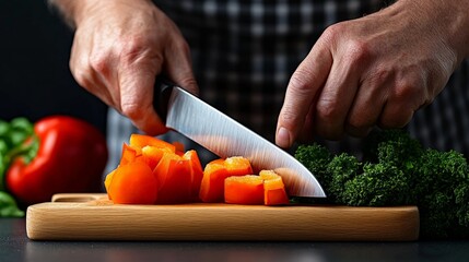 Chef's Precision:  Close-up shot of hands expertly dicing bell peppers on a wooden cutting board, showcasing culinary skills and fresh ingredients. 
