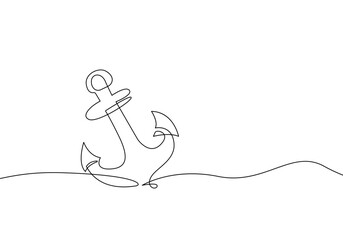 Continuous One Line Drawing of Sea Anchor. Vector Line Art Drawing of Anchor Black Isolated on White Background. © Наталья Дьячкова