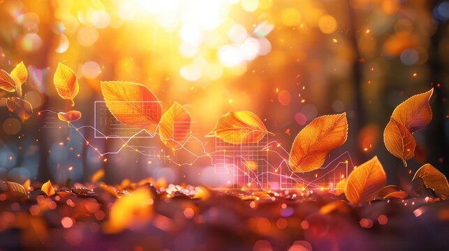 Autumn leaves falling, transforming into digital graphs and charts symbolizing growth and progress. The background features a vibrant summer landscape, with the leaves and digital elements.