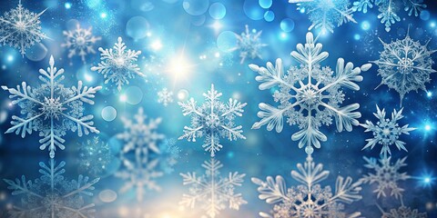 A festive winter background with intricate snowflakes falling on a blue backdrop, illuminated by a soft, ethereal glow.