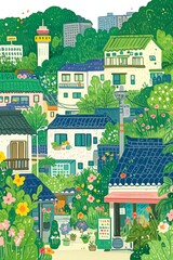 Naklejka premium Colorful Urban Landscape with Vibrant Floral and Architectural Elements