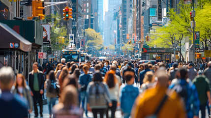 Obraz premium Crowds of busy people walking through the intersection of 5th Avenue and 23rd Street in Manhattan, New York City