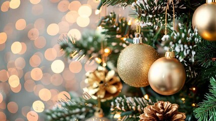 Golden Christmas ornaments hanging on a tree with warm bokeh lights in the background, evoking a festive and elegant holiday mood.

