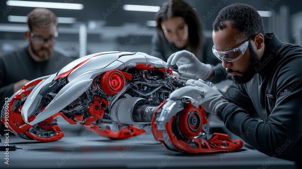 Aufkleber precision engineering: a team of focused engineers meticulously assembles a futuristic robotic proto