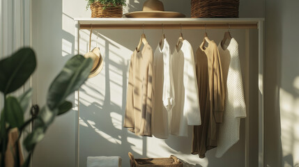 A minimalist wardrobe featuring neutral-colored clothes hanging in an organized space, with soft natural light and a potted plant nearby.
