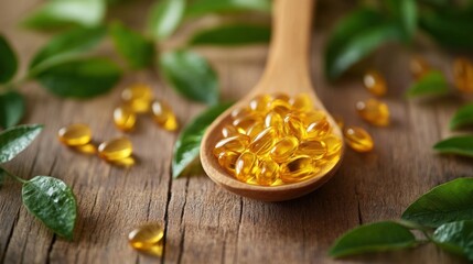 Fototapeta premium Yellow softgel capsules in a wooden spoon with green leaves.