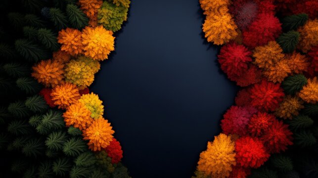 Autumn Forest Frame:  A breathtaking aerial view of a vibrant autumn forest, showcasing a dramatic frame of foliage in rich hues of red, orange, and yellow, against a deep blue backdrop. Perfect for n