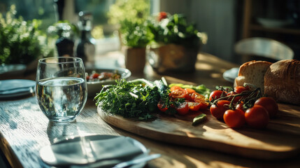 A rustic kitchen scene featuring fresh tomatoes, herbs, olive oil, and bread slices, perfect for preparing a Mediterranean-style meal.
