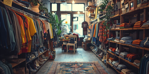 Naklejka premium thrift store interior, exclusive second hand clothing store, curated vintage clothes store