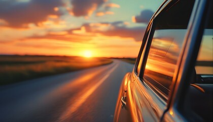 Nostalgic road trip at sunset with vintage car reflecting warm hues in the window