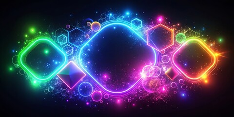Abstract digital art with colorful glowing neon shapes, sparkles, and geometric patterns on a black background